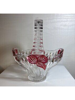 Anna Hütte Bleikristall Crystal Basket Cut facets and Cranberry Red Bow Accents